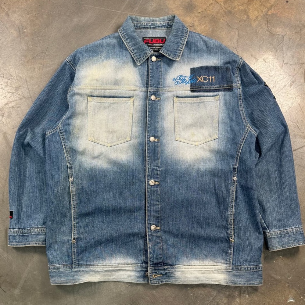 FUBU DENIM JACKET PATCHES 90s Y2K BUTTON UP VINTAGE XC11